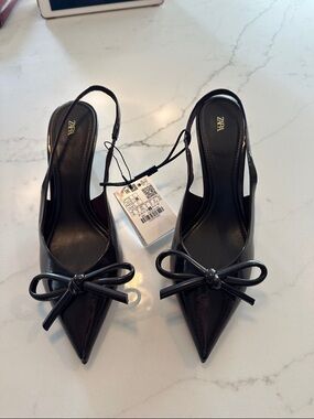 Zara dark red Patent Pointed Slingback Heels with Decorative Bow size 39